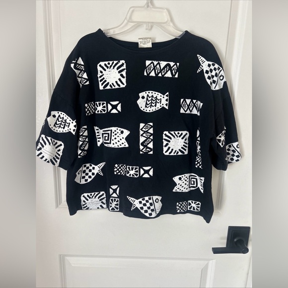 Vintage 80s Cotton Fields Black White  Graphic Fish Pant Top Set  Beach S/M - Picture 4 of 10